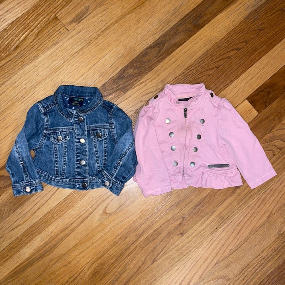 Lot of 2 Toddler Jackets - Calvin Klein pink ruffle & OshKosh jean- 12 months